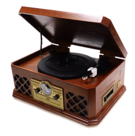 A Zennox oak cased turntable, with CD player, cassette player, analogue tuning AM/FM radio and USB record to PC, model D3939, with operation manual.