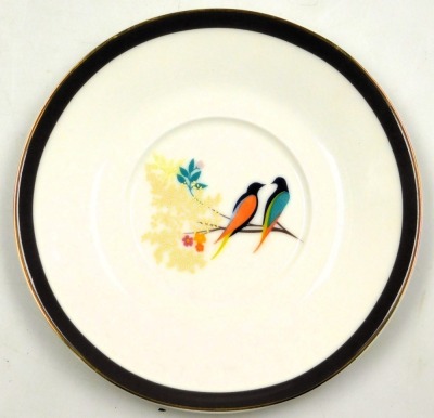 A Portmeirion porcelain breakfast cup and saucer, designed by Sara Miller, decorated with birds, on a brown ground, printed marks, boxed. - 3