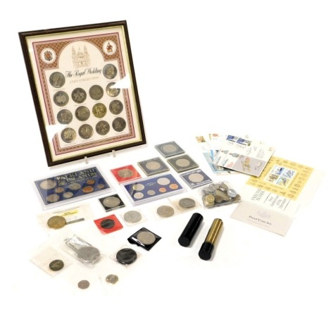 The Royal Wedding Coin Collection 29th July 1981, framed, Falkland Islands Liberation Set 1982, Royal Australian Mint Proof Coin Set, Liberty peace dollar 1924, further commemorative coins, George III cartwheel penny 1797, Elizabeth II one pound coin 2017