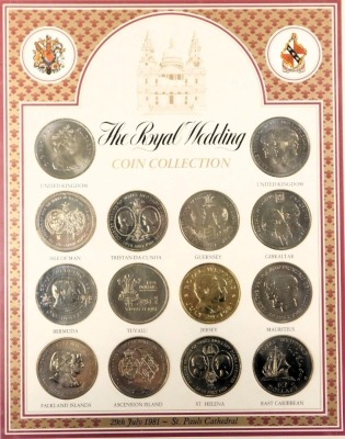 The Royal Wedding Coin Collection 29th July 1981, framed, Falkland Islands Liberation Set 1982, Royal Australian Mint Proof Coin Set, Liberty peace dollar 1924, further commemorative coins, George III cartwheel penny 1797, Elizabeth II one pound coin 2017 - 2