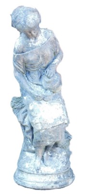 A painted concrete figural fountain, modelled as a seated girl with a pot, raised on a circular base, 61cm high.