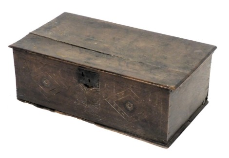 An 18thC oak Bible box, the carved front bearing initials AG and dated 1731, 70cm wide, 39cm deep.