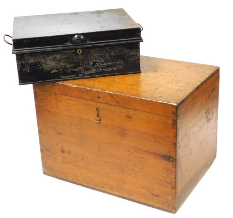 A Victorian pine box, 37cm high, 53cm wide, 37cm deep, together with a black japanned metal deed box, with twin carrying handles, 41cm wide. (2)