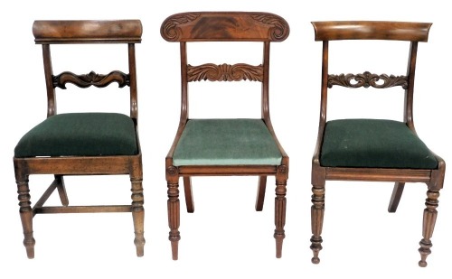 A Regency mahogany single dining chair, with drop in seat, and two further Regency chairs. (3)