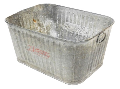 A mid 20thC Beatty galvanized metal tub, with twin carrying handles, marked to the sides Beatty, 60cm wide.