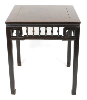 A 19thC Chinese hardwood square table, with moulded frieze and open gallery below, with turned spindles and stylised cloud motifs, raised on plain square legs and carved feet, 80.5cm high, 70.5cm wide, 70.5cm deep. - 2