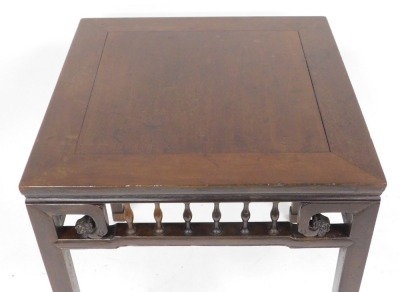 A 19thC Chinese hardwood square table, with moulded frieze and open gallery below, with turned spindles and stylised cloud motifs, raised on plain square legs and carved feet, 80.5cm high, 70.5cm wide, 70.5cm deep. - 3