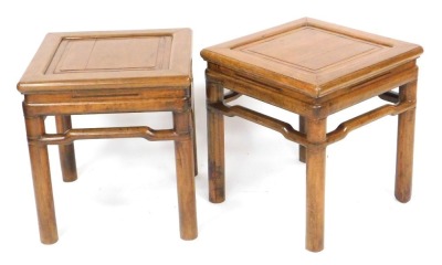 A pair of 19thC Chinese fruitwood and pine square tables, with recessed square moulded panelled tops, stylised stretchers and plain turned legs, 48cm high, 52cm wide, 48cm deep. - 2