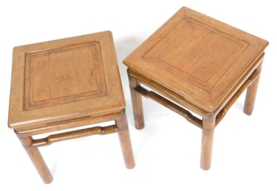 A pair of 19thC Chinese fruitwood and pine square tables, with recessed square moulded panelled tops, stylised stretchers and plain turned legs, 48cm high, 52cm wide, 48cm deep. - 3