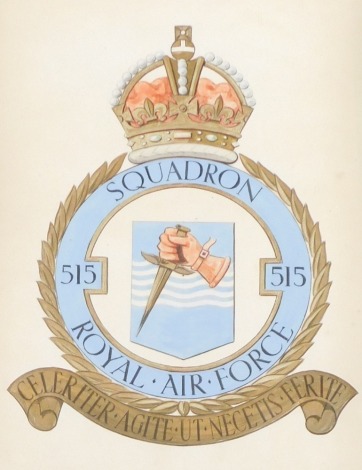 A Royal Air Force 515 Squadron crest, watercolour with body colour, 38cm x 24cm, in plain oak frame.