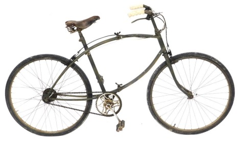 A WWII Paratrooper's folding bicycle, with three speed gears, Brookes leather seat, and centre pull brakes.