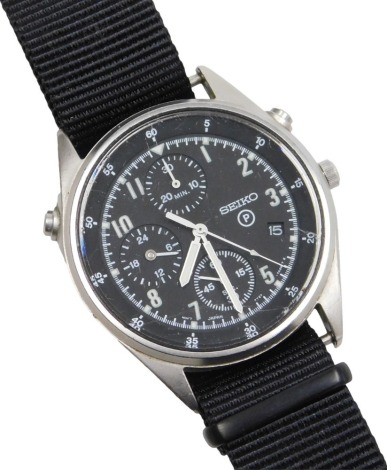 A Seiko British military chronograph watch, in stainless steel case with black dial, three subsidiary hands and date, with luminous Arabic numerals and hands, the case back numbered 6645-99 8149181 with broad arrow above 2790/95, serial number 530403, and