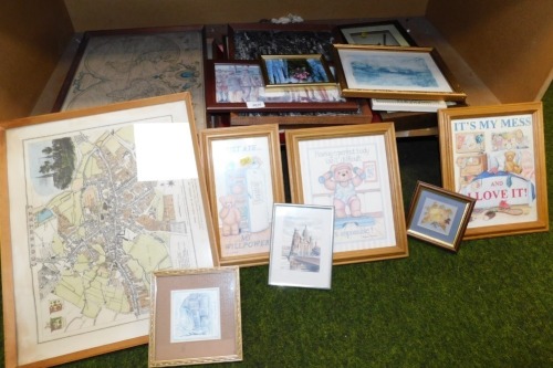 Various pictures, prints, etc., to include Thomas Sharpe's Map of Coventry, 30cm x 38cm, further maps, aerial city view, etc. (1 shelf)