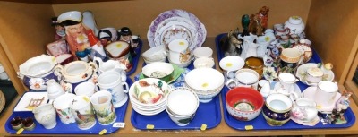 Part teawares, together with character jugs to include Royal Doulton Winston Churchill, Wedgwood porcelain ginger and cover, various mugs, etc. (1 shelf)