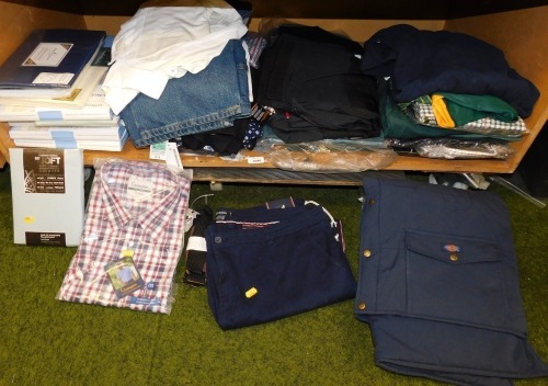 Various gentleman's clothing to including trousers, jeans, chinos, pillowcases, shirts, etc. (1 shelf)