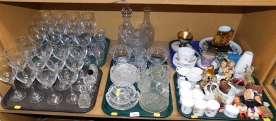 Glassware, to include cut glass jugs, trinket dishes, drinking glasses, a Royal Vienna style teacup and saucer, decorated with a scene by Angelica Kauffman, Goebel Hummel figures, to include Chimney Sweep, crinoline figure of a ballerina, etc. (1 shelf)