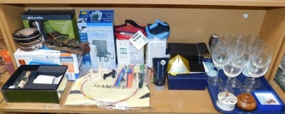 General household effects, to include a Euro Hike thermos and hip flask set, travel mugs, paintbrushes, acrylic paint, drinking glasses, etc. (1 shelf)