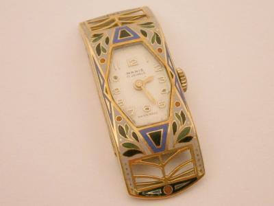 A Manis yellow metal and enamel Art Deco lady's wrist watch