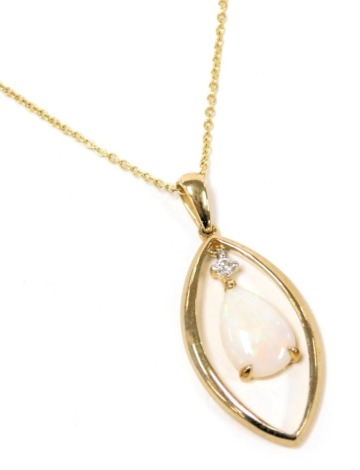 A 9ct gold opal and diamond drop pendant, in an oval surround, on a belcher link neck chain, with bolt ring clasp, 2.9g.