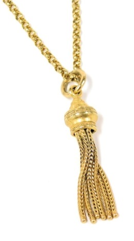 A 9ct gold tassel pendant, on a belcher link neck chain, with bolt ring clasp, 7.4g.