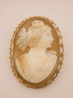 A yellow metal and shell cameo brooch