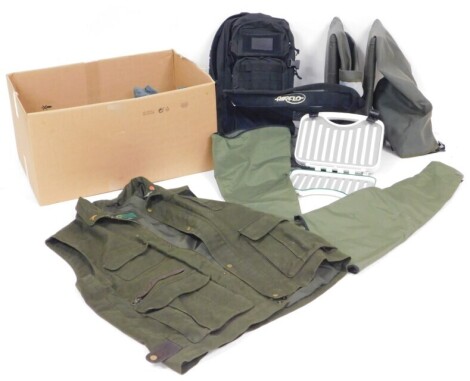 A pair of Vass thigh waders and other fishing attire, including a Simms XL waistcoat, and a stripping basket and Pro Force rucksack. (1 box)