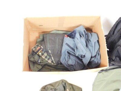 A pair of Vass thigh waders and other fishing attire, including a Simms XL waistcoat, and a stripping basket and Pro Force rucksack. (1 box) - 3