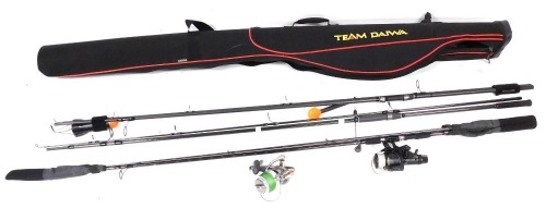 A Hyperloop feeder fishing rod, and two other feeder rods, and a Mitchell Big Surf 6500 fixed spool reel, and another with Daiwa holdall.