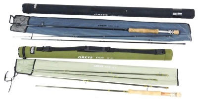 A Greys X-Flite 10ft #7 four piece fly fishing rod, with case and tube, and a Greys GRXi 9ft6 #6/7 fly fishing rod, with case and tube.