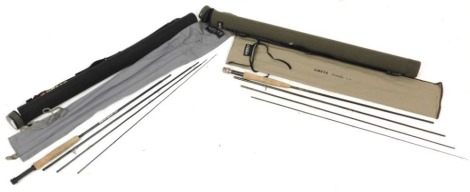 A Greys Streamflex 10ft #5 four piece fly fishing rod, with case and tube, together with a Greys Pilgrim 9ft #6/7 four piece fly fishing rod, with case and tube.