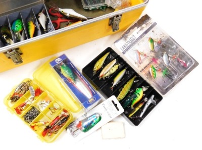 A large collection of Predator fishing lures, including jointed pike plugs, poppers, spinners, etc., all contained in a cantilever box. - 2