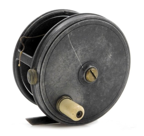 An early 20thC alloy and brass salmon fishing reel by Cummins of Bishop Auckland, with ivorine handle, 10cm diameter.