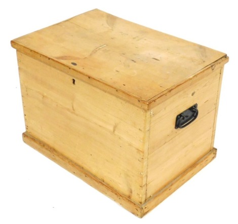 A pine box, with twin cast iron carrying handles, 44cm high, 63cm wide, 43cm deep.