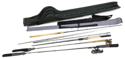 A feeder fishing rod with fixed spool, and two spare sections, rod holdall and three other rods including a Shimano Perfection two piece fly rod.