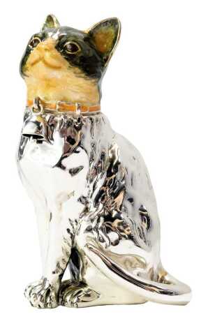 A silver and enamel figure modelled as a seated cat, wearing bell collar, stamped Italy 925, 10cm high.