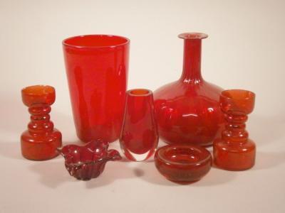 Seven items of ruby tinted art glass