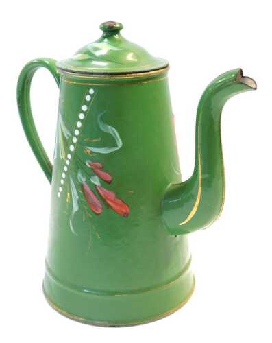 A late 19thC French green glazed enamel coffee pot, painted with flowers, 25cm high.