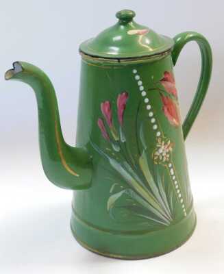 A late 19thC French green glazed enamel coffee pot, painted with flowers, 25cm high. - 2