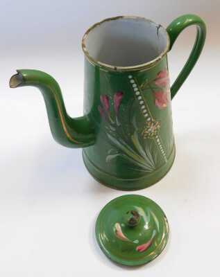 A late 19thC French green glazed enamel coffee pot, painted with flowers, 25cm high. - 3