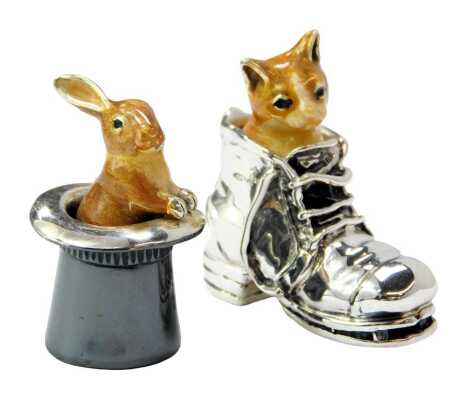 Two silver and enamel figures, modelled as a kitten in boot, 3.5cm high, and rabbit in top hat, 3cm high, each stamped 925.