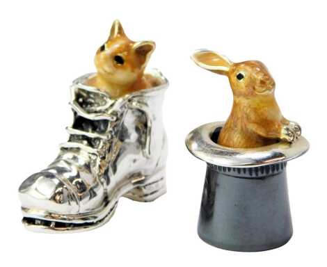 Two silver and enamel figures, modelled as a kitten in boot, 3.5cm high, and rabbit in top hat, 3cm high, each stamped 925.