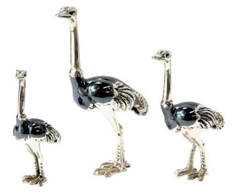 A graduated set of three silver figures modelled as ostriches, each stamped 925, 6cm high, 5cm high and 4cm high.