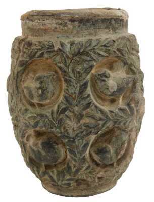 An early 20thC Continental pottery vase, relief decorated with birds in niches, and repeating leaves, 15cm high. (AF)