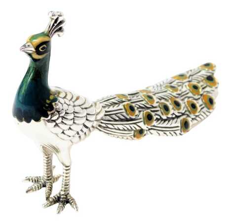 A silver and enamel figure modelled as a peacock, stamped 925, 7.5cm high.