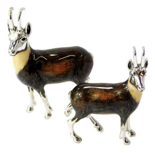 Two silver and enamel figures modelled as chamois, each stamped 925, 8cm high and 6.5cm high.