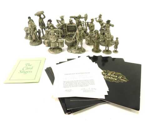 Twelve Franklin Mint pewter figures from the Cries of Olde London Series, comprising The Lavender Girl with Dustman, The Rabbit Man, The Fish Woman, The Milk Maid, The Playbill Seller, The Pedlar, The Muffin Man and the Watch Man, the largest 11.5cm high,