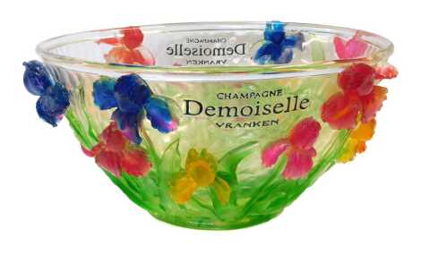 A late 20thC French clear and coloured resin Champagne cooler, of bowl form moulded with irises, marked to side 'Champagne Demoiselle Vranken', 44cm wide.