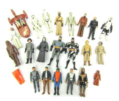 A group of Star Wars plastic jointed figures, to include Chewbacca, Han Solo, Storm Trooper, Princess Leia, together with Batman figures, Star Trek, etc.