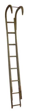 A late 19thC French two section vintage wooden step ladder with roof ridge hook, 395cm high extended.