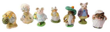 Five Beswick Beatrix Potter pottery figures, comprising Mrs Tiggy-Winkle, Benjamin Bunny, Mr Alderman Ptolemy, Pigling Bland, Little Pig Robinson, together with a Royal Doulton figure modelled as Primrose Woodhouse and Royal Albert figure modelled as Lady